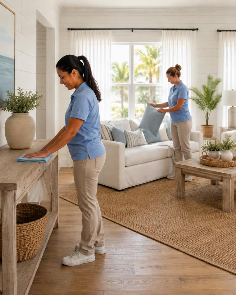 Two Palm Breeze cleaners at work in a Sarasota vacation rental living room