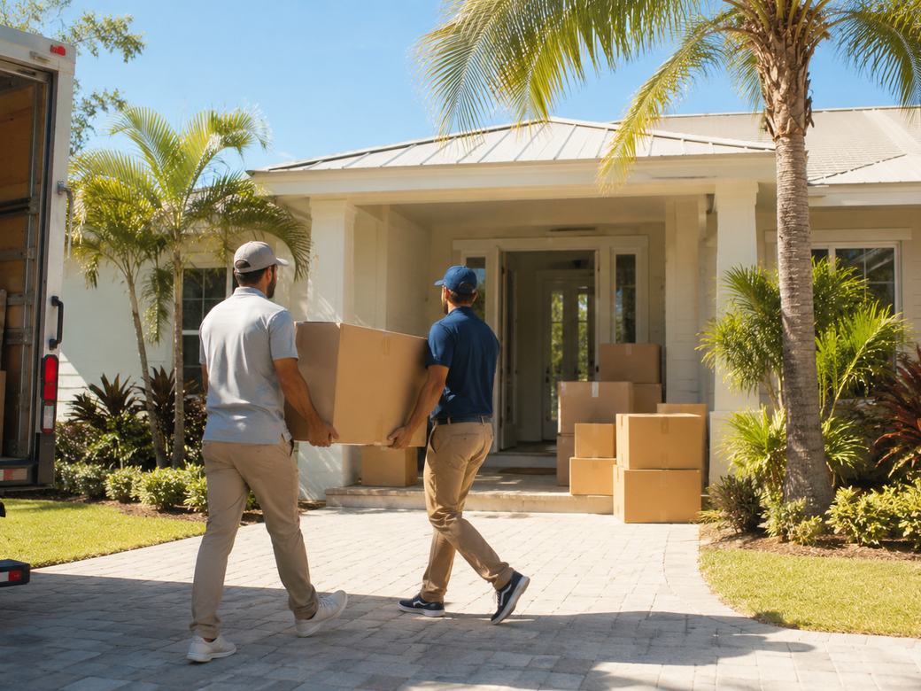 Movers carrying boxes into a Florida home during a move-in clean