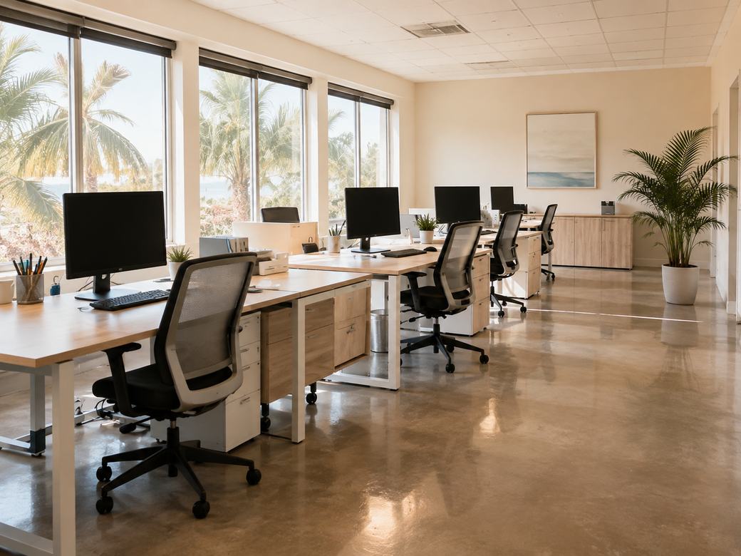 An open-plan small business office cleaned and reset before the workday